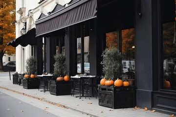 Lined with charming cafés and restaurants, the Parisian street boasts period architecture and elegant terrace tables with autumnal decor. - obrazy, fototapety, plakaty