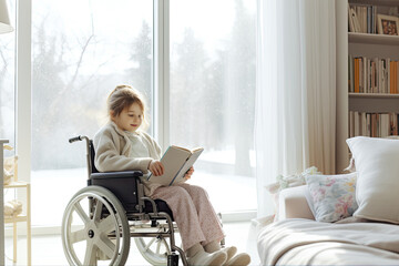 Cheerful young girl in a wheelchair with a book in her hands, receiving care and rehabilitation in a medical facility, bringing smiles and hope.