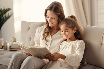 A mother and her adorable daughter sit together on the bed and read a story, creating a magical and bonding moment.