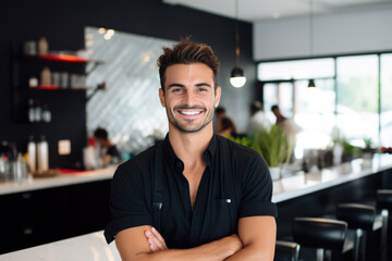 Fototapeta premium Proud coffee shop owner standing in front of his cozy café, confident entrepreneur, small business owner 