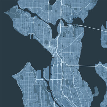 Blue Seattle map, United States, detailed municipality map, skyline panorama. Decorative graphic tourist map of Seattle territory. Vector illustration.