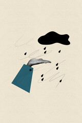Vertical composite abstract photo illustration collage of hand catching raindrops outdoor in autumn...