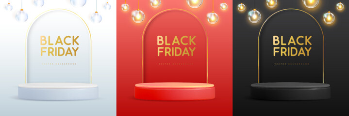 Set of black friday showcase backgrounds with 3d podium, arch and electric lamps. Vector illustration