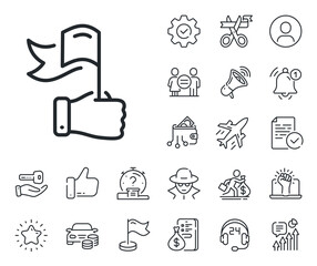 Success flag in hand sign. Salaryman, gender equality and alert bell outline icons. Leadership line icon. Winner symbol. Leadership line sign. Spy or profile placeholder icon. Vector