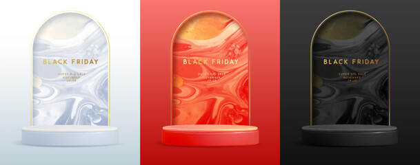 Set of black friday showcase backgrounds with 3d podium, marble texture and golden arch. Vector illustration