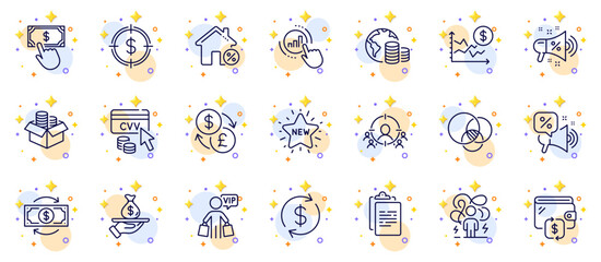 Outline set of Wallet, Money box and Difficult stress line icons for web app. Include New star, Loan, Vip shopping pictogram icons. Dollar rate, Clipboard, Graph chart signs. Vector