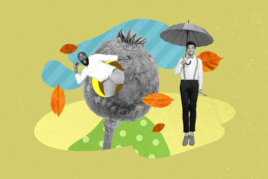 Collage image of two mini black white effect guys fly umbrella have fun inside huge poppy hole falling leaves rain isolated on green background