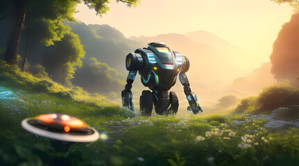 A futuristic robot embarks on an epic adventure, exploring the beautiful urban landscape of a city from tomorrow. Generative AI