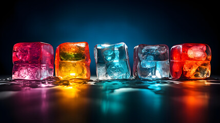 Pile of colored different wet ice cubes on black background with illuminated light