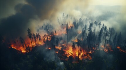 A densely forested area engulfed in flames