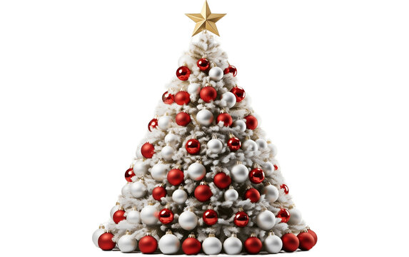 Christmas Tree with Red and White Ornaments Isolated on a Transparent Background PNG. Generative AI