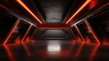 Sci Fi Futuristic Red Laser Neon Barn Garage Glowing Lights Cement Concrete Hangar Tunnel. Generative Ai