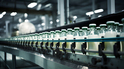 Conveyor belt with bottles of milk at a modern dairy plant.