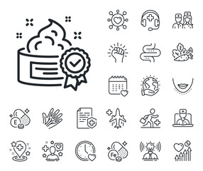Certificated Skin or Face care sign. Online doctor, patient and medicine outline icons. Cream line icon. Gel or Lotion symbol. Cream line sign. Veins, nerves and cosmetic procedure icon. Vector