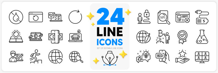 Icons set of Phishing, Reject web and Search file line icons pack for app with Online survey, Idea, Loyalty program thin outline icon. Environment day, Success business. Design with 3d stars. Vector