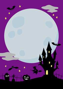 Halloween vertial background with purple night blue full moon copyspace and castle illustration A4 template for flyer