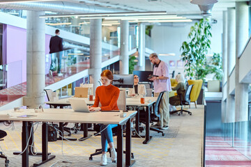 In a modern startup office, a diverse group of young professionals collaboratively tackles various business problems and challenges, surrounded by their engaged colleagues, fostering innovation and