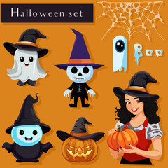 Vector set of halloween elements in flat cartoon style - witch with pumpkin, zombie, pumpkin jack in a traditional hat, one-eyed ghost, creepy Halloween spider and soapy good phantoms.