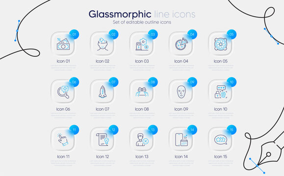 Set of Stars, Face biometrics and Depression treatment line icons for web app. Medical analyzes, Computer fan, Give present icons. Phone calendar, Approved agreement, Charging station signs. Vector - Powered by Adobe