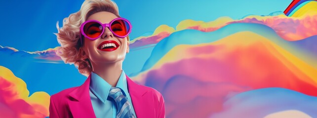 A businesswoman who radiates happiness and confidence as she enjoys her success