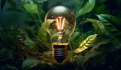 a lightbulb surrounded by green leaves