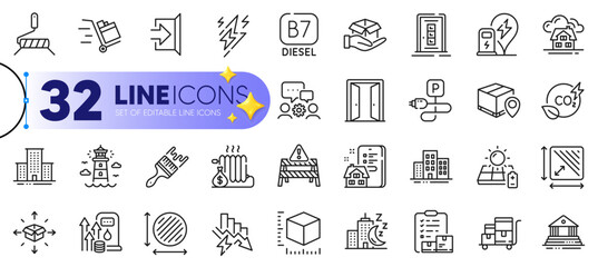 Outline set of Property agency, Saving electricity and Co2 gas line icons for web with Night city, Circle area, Parcel tracking thin icon. Square area, Open door, Fuel price pictogram icon. Vector