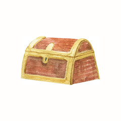 watercolor treasure illustration, cute childish isolated clipart. Wodden box with golden coins. Cute kids design