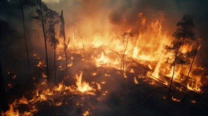 A raging wildfire engulfing a dense forest