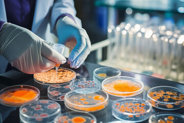 Laboratory specialist inspecting a Petri dish with a precise fermentation specimen, symbolizing cutting-edge biotechnological investigation