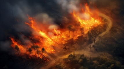 Fototapeta na wymiar A wildfire raging through a dense forest