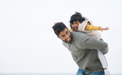 Outdoor, piggy back and father with girl, happy and energy with happiness, love and holiday with...
