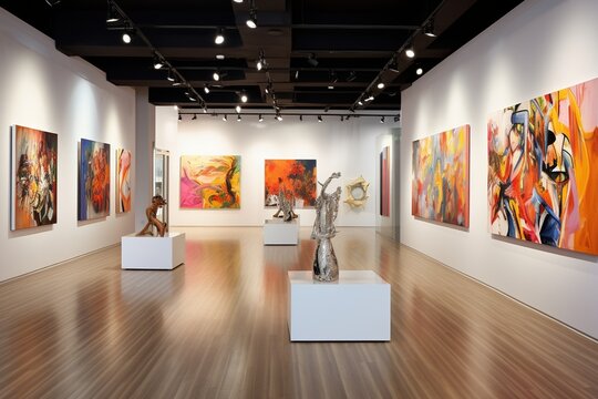 Interior of modern art gallery with paintings on walls and wooden floor