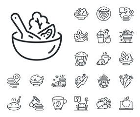 Vegetable food sign. Crepe, sweet popcorn and salad outline icons. Salad line icon. Healthy meal symbol. Salad line sign. Pasta spaghetti, fresh juice icon. Supply chain. Vector