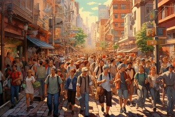 Fototapeta premium Crowd of people walking on busy street moving fast through city center.