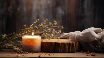 spa composition with burning candles and dry flowers on wooden background