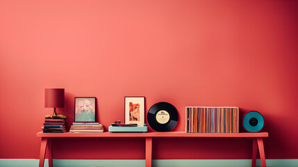 red wall interior with vinyl player and vinyl record