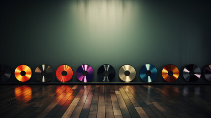 retro music studio with colorful vinyl records
