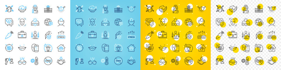 Vector icons set of Sun protection, Hospital building and Medical drugs line icons pack for web with Coronavirus injections, Carrot, Lips outline icon. First aid, Thermometer. Vector