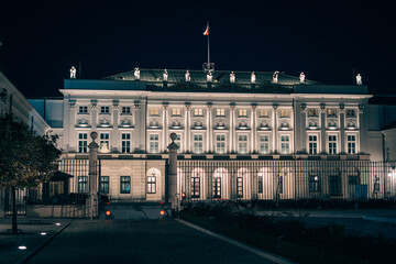 The Presidential Palace at night in Warsaw, Poland