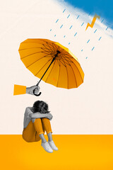 Vertical creative composite photo collage of arm hold parasol cover upset depressed woman from rain isolated on drawing background © deagreez