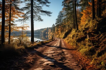 Obraz premium Forest Path Blanketed With Leaves, Generative AI