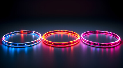 set of colorful glowing neon light circles on the table.