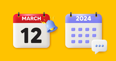 Calendar date 3d icon. 12th day of the month icon. Event schedule date. Meeting appointment time. 12th day of March month. Calendar event reminder date. Vector