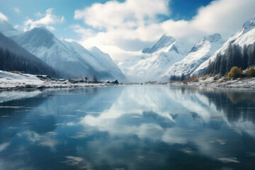 Fototapeta na wymiar Majestic Alpine Serenity: Crystal Lake and Snowy Peaks