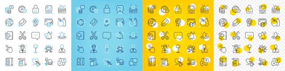 Vector icons set of Social care, Information bell and Lock line icons pack for web with Parking time, Positive feedback, Money tax outline icon. Translate, Cursor, Scissors pictogram. Vector