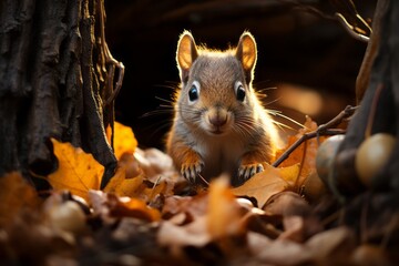 Squirrel Nestled Among Golden Leaves, Generative AI