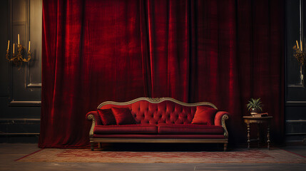 red velvet armchair with velvet curtains in vintage interior
