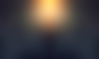 Yellow shine on black background. Symmetrical illustration. Orange diffused light on dark empty backdrop.