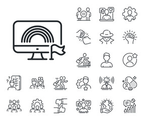 Pride flag with rainbow sign. Specialist, doctor and job competition outline icons. Lgbt line icon. Gender diversity symbol. Lgbt line sign. Avatar placeholder, spy headshot icon. Vector
