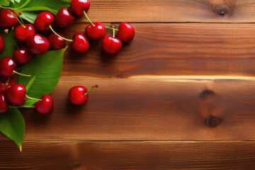 Naklejka premium Ripe Red Cherries on Rustic Wooden Table